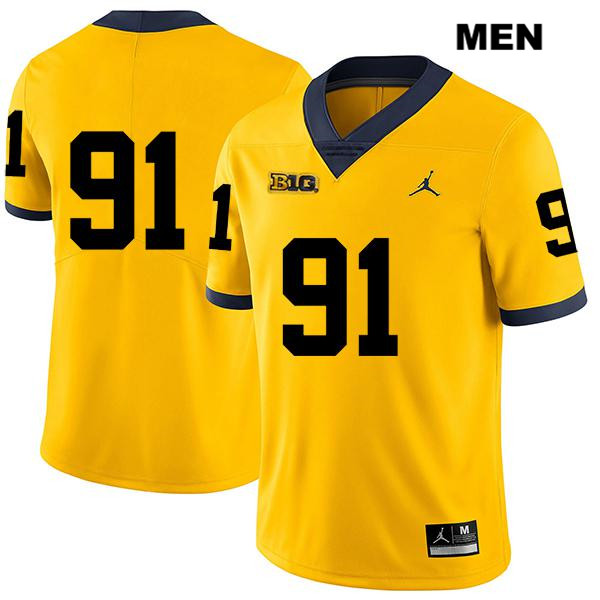 Men's NCAA Michigan Wolverines Taylor Upshaw #91 No Name Yellow Jordan Brand Authentic Stitched Legend Football College Jersey WZ25V36LB